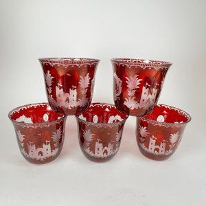 Vtg Egermann Bohemian Tea Cup Ruby Red Cut To Clear Glass Etched Castle Lot of 5
